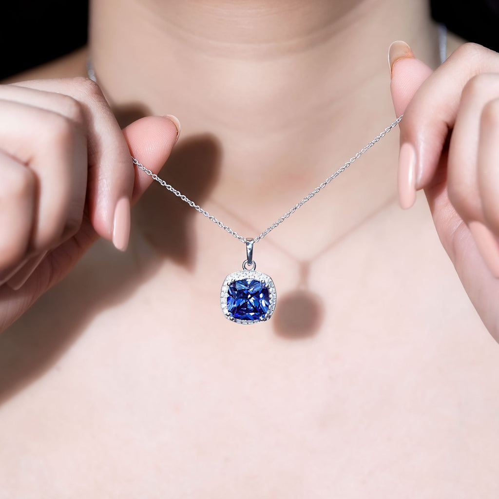 9 Carat Cushion Cut Lab Created Blue Sapphire Cocktail Necklace