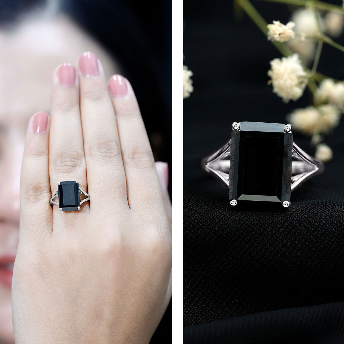 9 Carat Solitaire Lab Grown Black Diamond Emerald Cut Engagement Ring