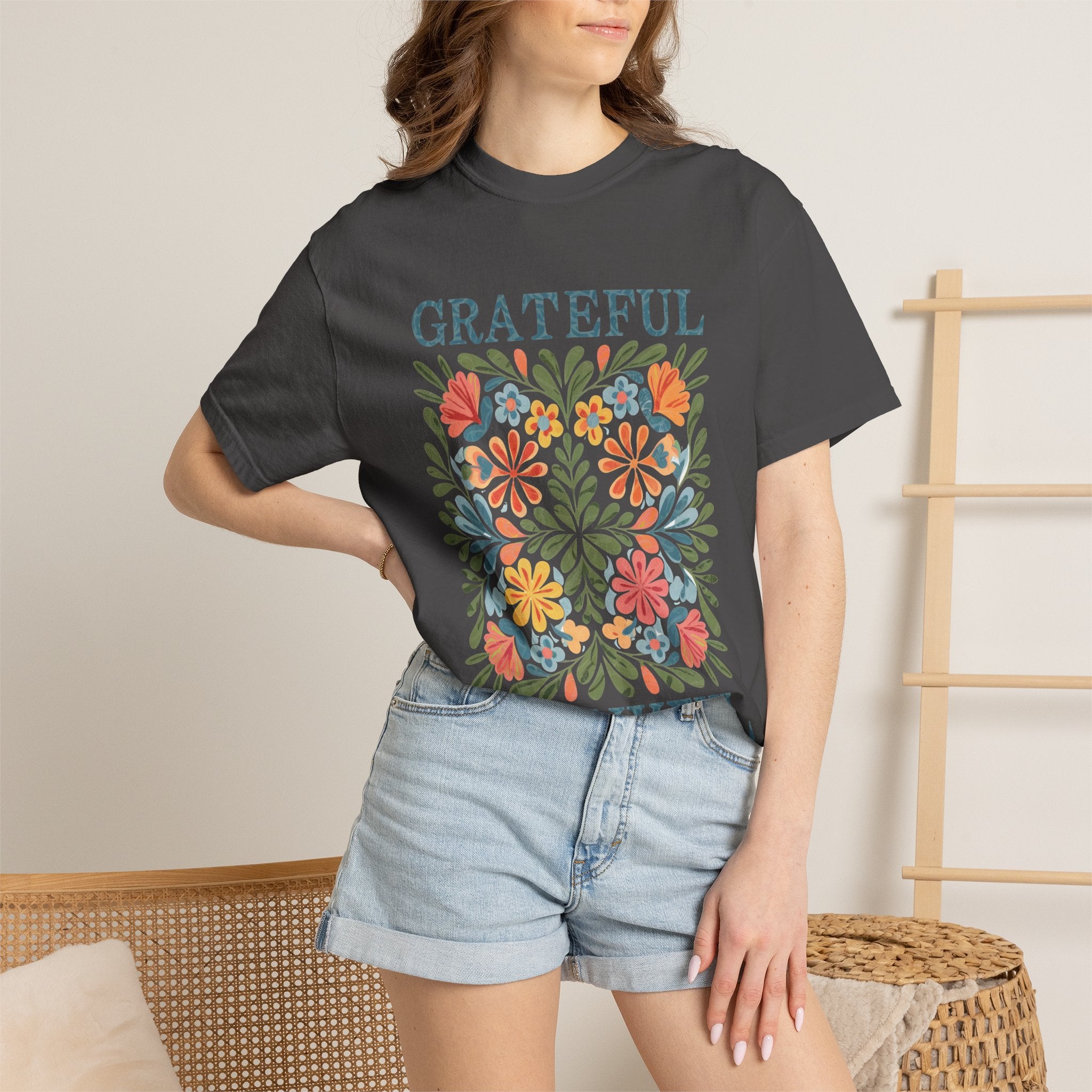 Grateful Thankful Tee - Cozy Fall T-Shirt With Floral Folk Art Design