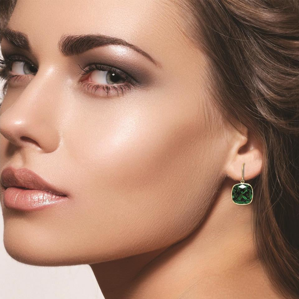 Lab Grown Sapphire Earrings – 14K Gold Drop Earrings with Cushion Cut Emeralds Set