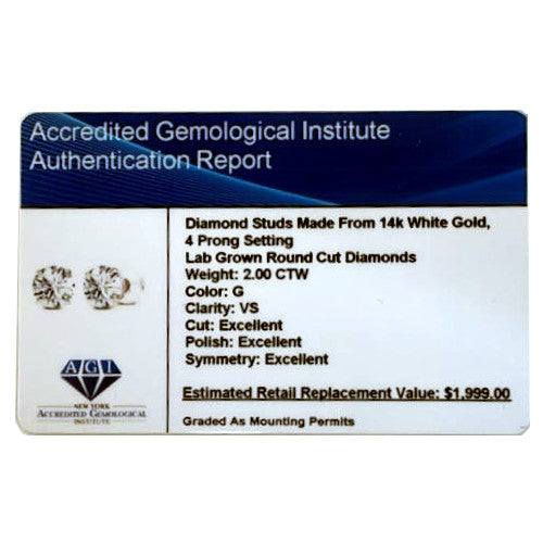 Lab Grown Diamond Earrings – 2.00 CTW AGI Certified Studs | 14K Gold Over Sterling Silver