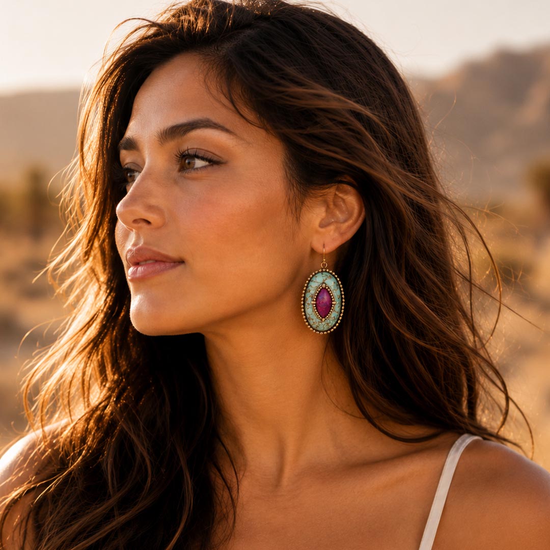 Stacked Stone Blue and Purple Turquoise Golden Drop Earrings