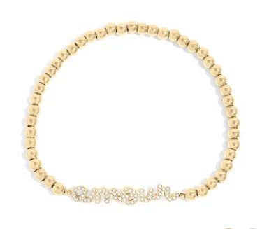 18K Gold PVD Stainless Steel Stone Amour Metal Beaded Stretch Bracelet