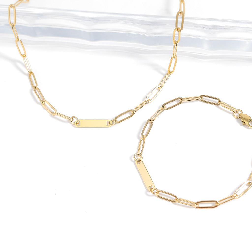 Engraved Gold Necklace – 18K Gold PVD Paperclip Chain with Engraved Bar Pendant