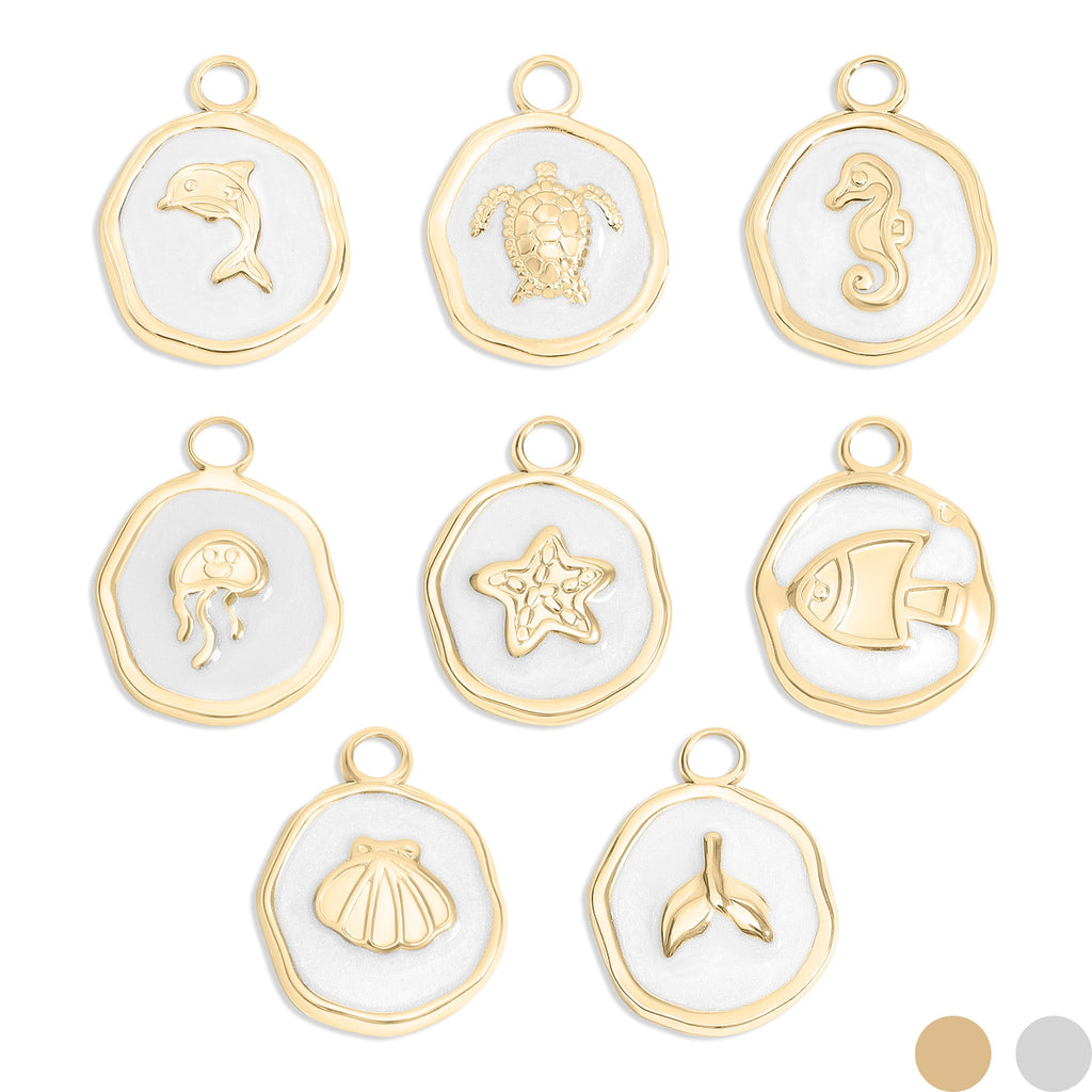 18K Gold Charm Set – Sea Life Charms with White Epoxy Finish | Hypoallergenic Jewelry