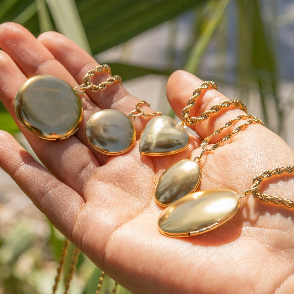 Gold Stainless Steel Locket Set – Heart Shaped, Vintage Oval & Minimalist Round Necklace