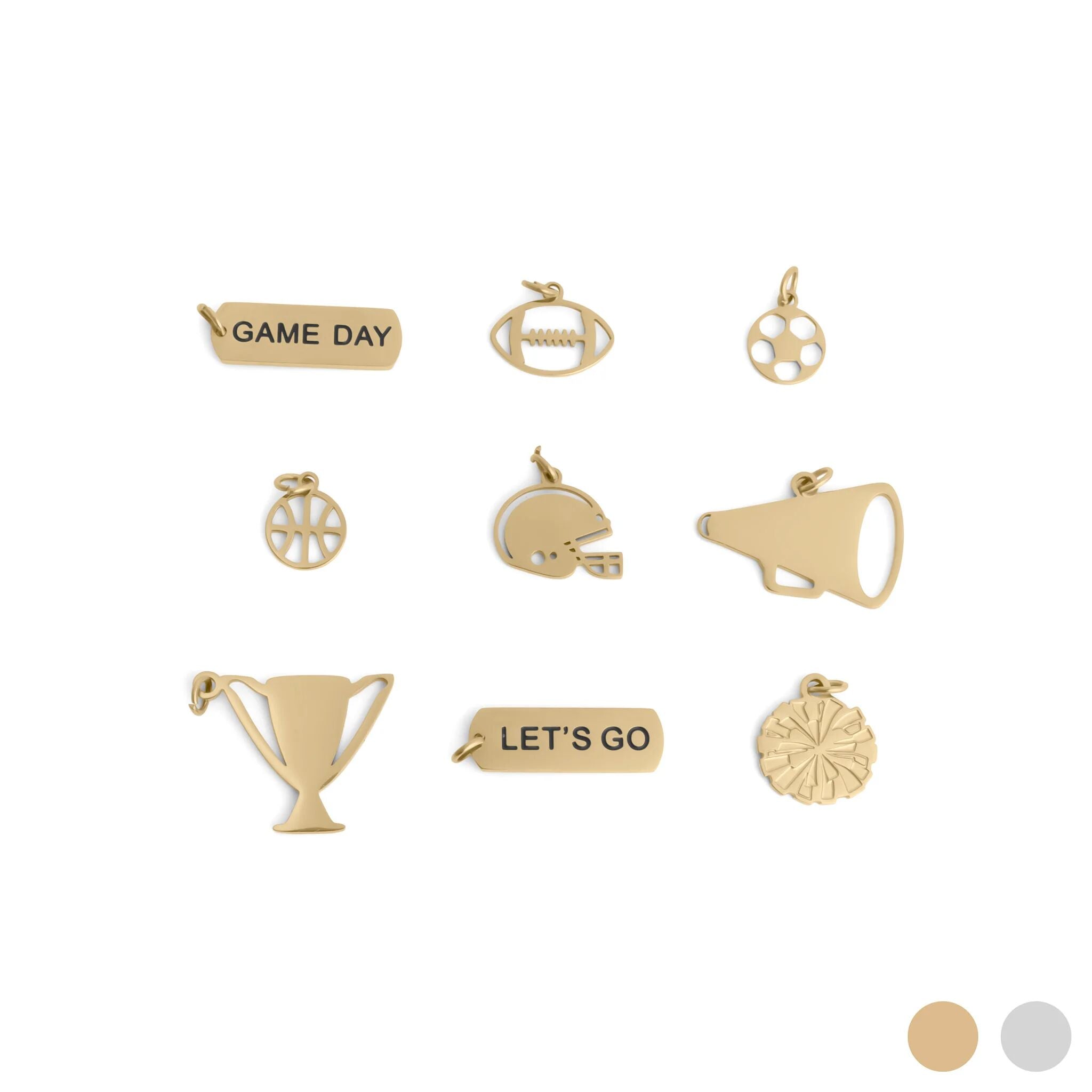 Collection of gold charms including 'Game Day', football, soccer ball, megaphone, trophy, and 'Let's Go' on a white background.