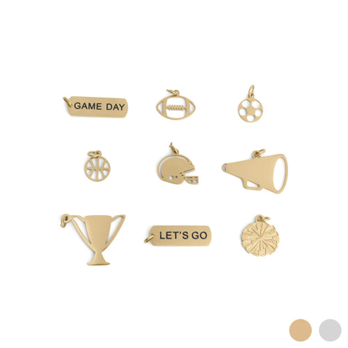 Collection of gold charms including 'Game Day', football, soccer ball, megaphone, trophy, and 'Let's Go' on a white background.