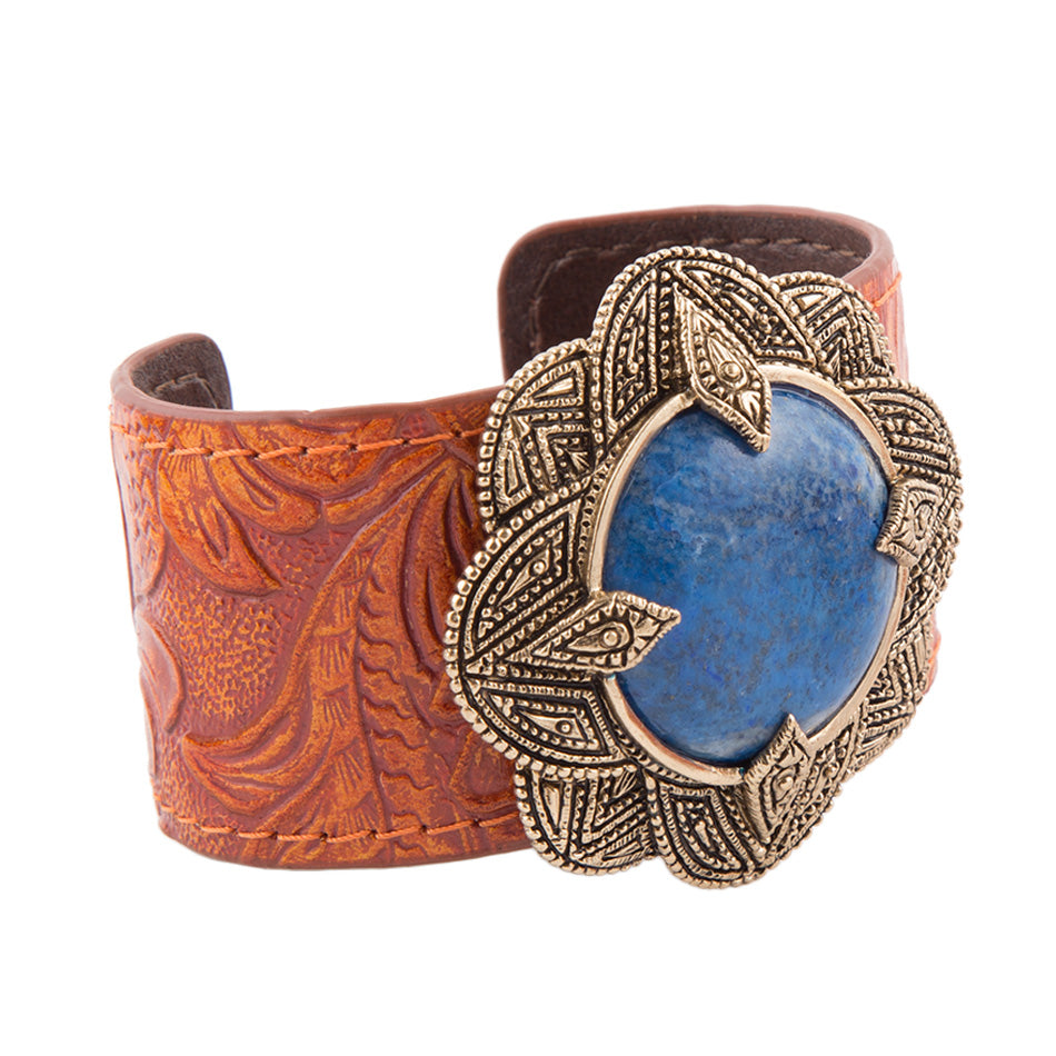 Ornate Blue Lapis Golden Leather Cuff Bracelet