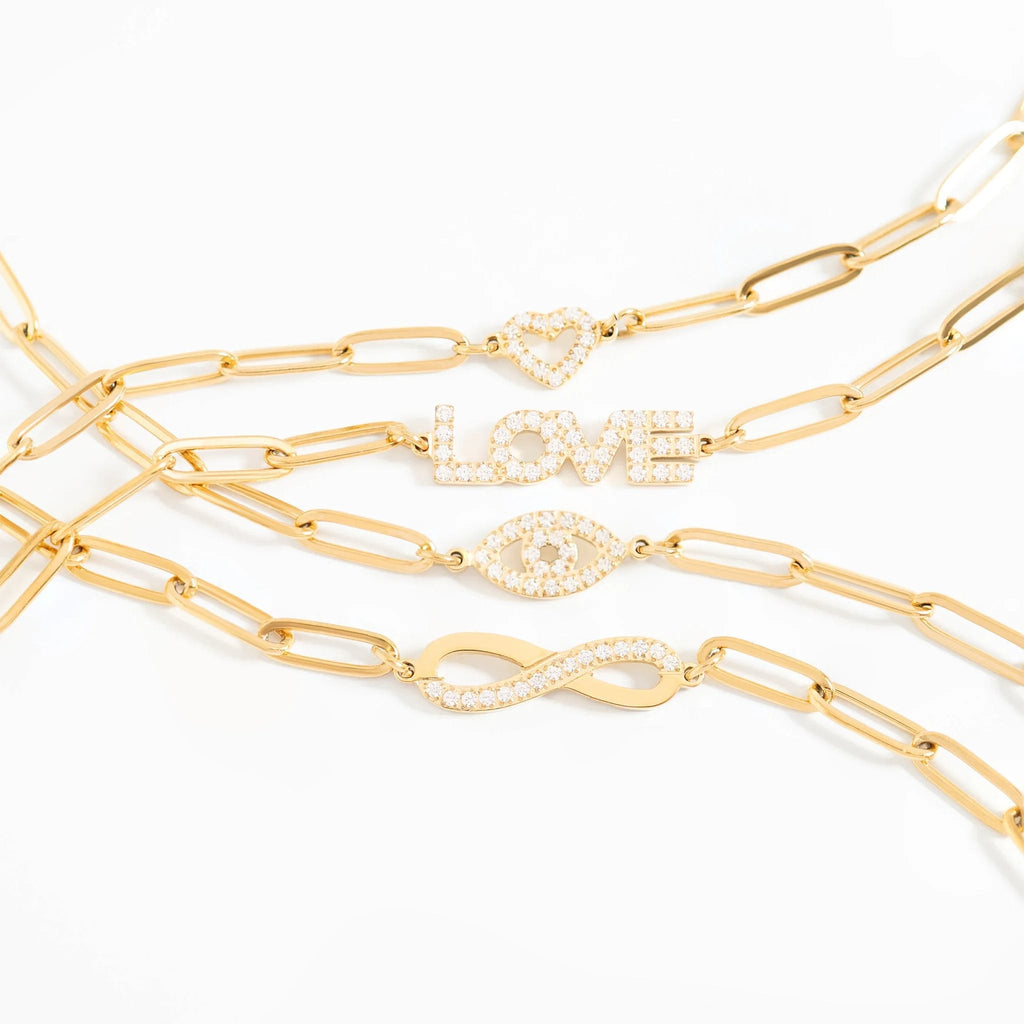 Gold Paperclip Bracelet – Adjustable Chain With Heart Charm & Sparkling Stone