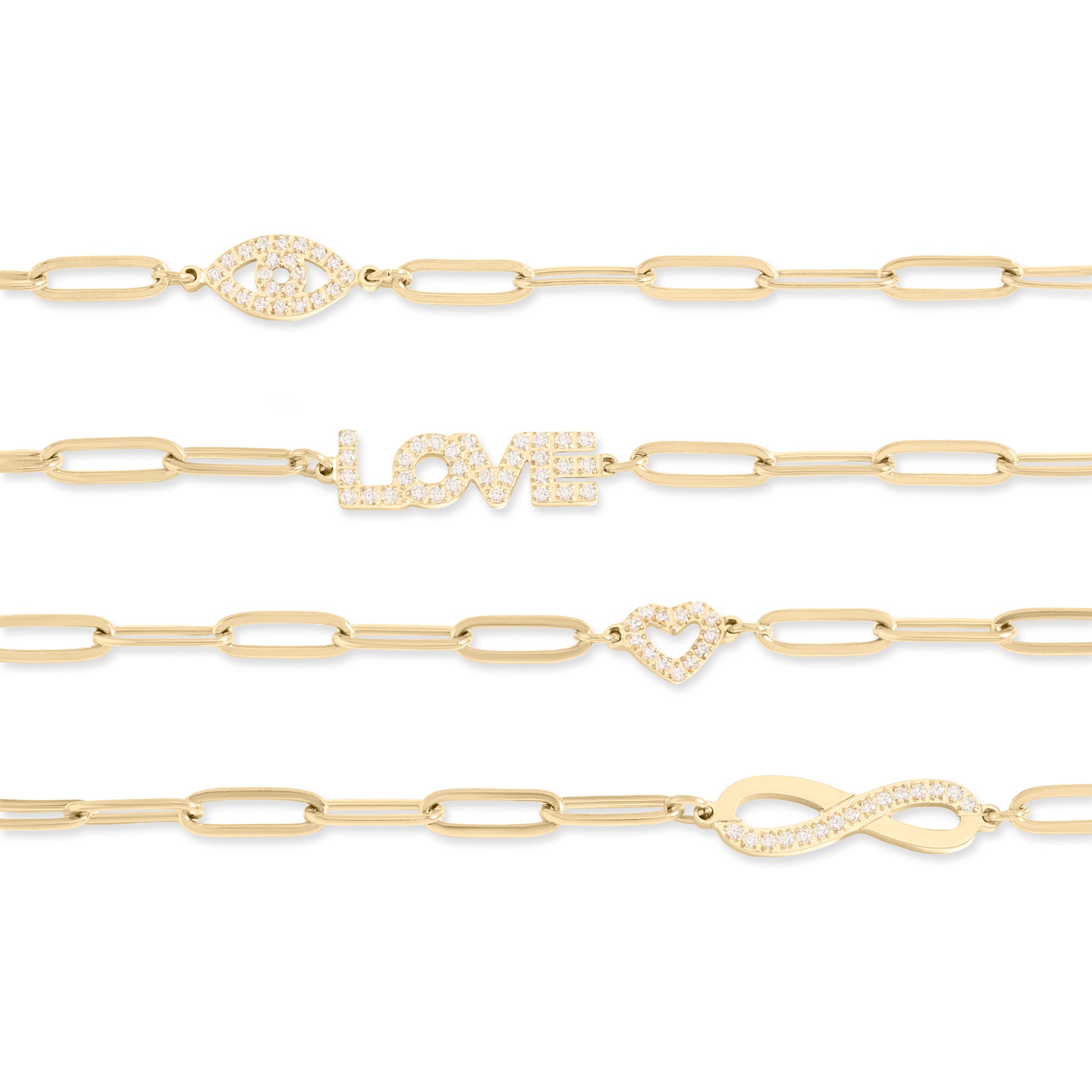 Gold Paperclip Bracelet – Adjustable 18K Gold Chain With CZ Stones & Love Pendant