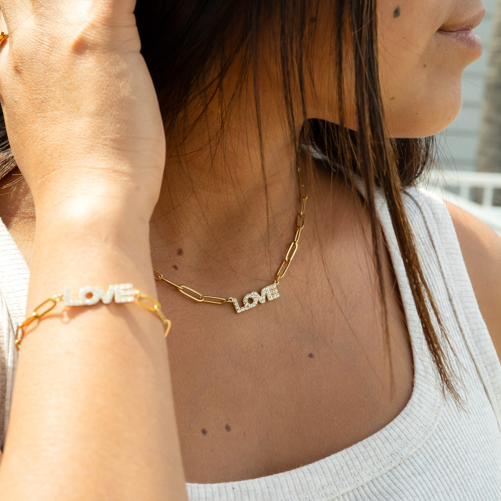 Gold Paperclip Bracelet – Adjustable 18K Gold Chain With CZ Stones & Love Pendant