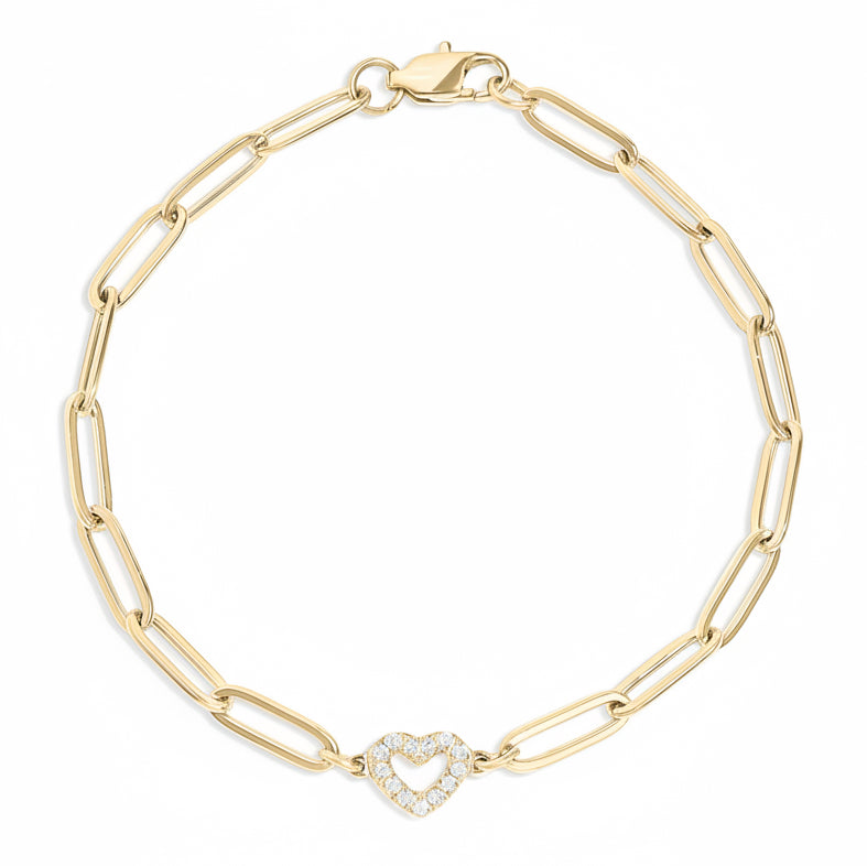 Gold Paperclip Bracelet – Adjustable Chain With Heart Charm & Sparkling Stone
