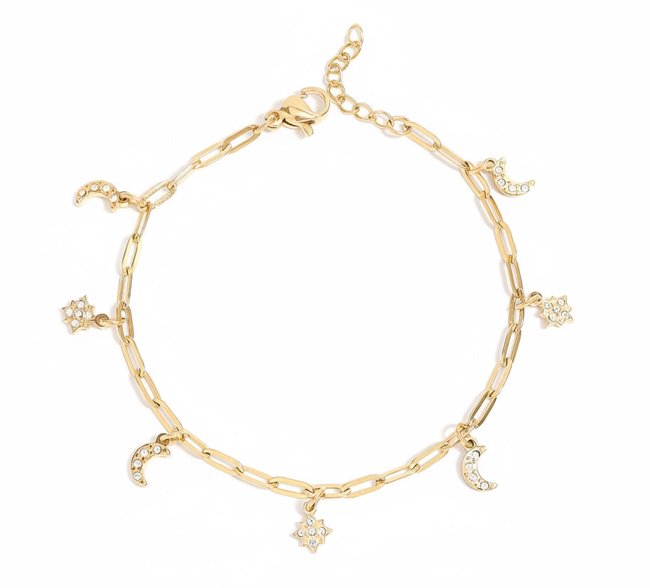 Moon Star Charm Bracelet – Stainless Steel Paperclip Chain with Crystals