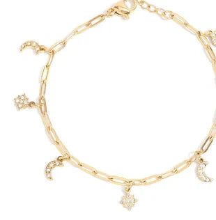 18K Gold PVD Stainless Steel Moon & Star Charm Bracelet