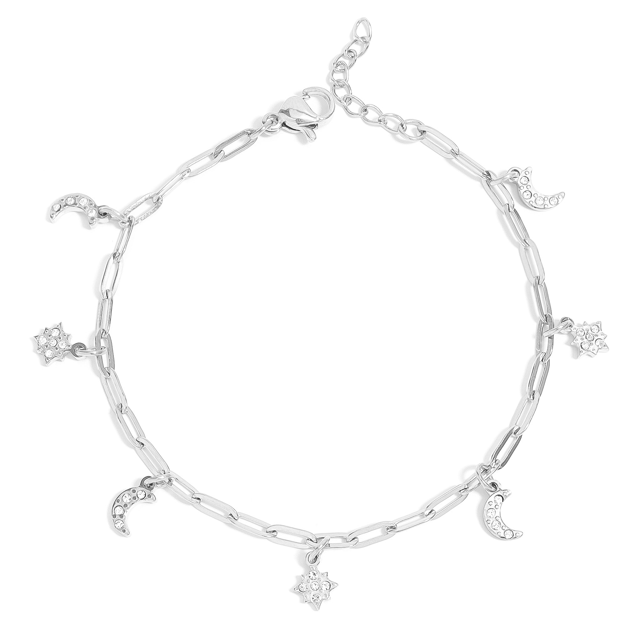 Moon Star Charm Bracelet – Stainless Steel Paperclip Chain with Crystals
