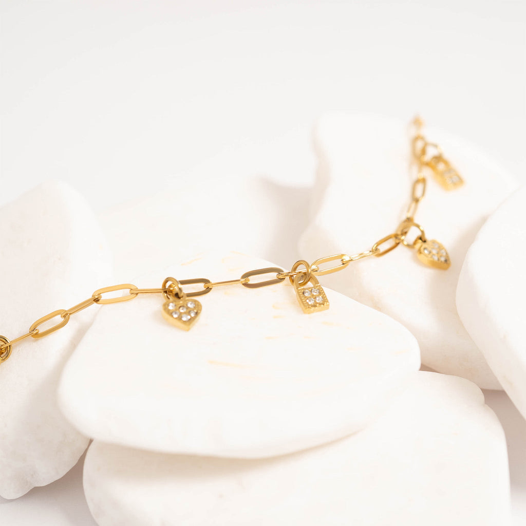 Heart Lock Charm Bracelet – Adjustable Gold Paperclip Chain Stainless Steel Jewelry