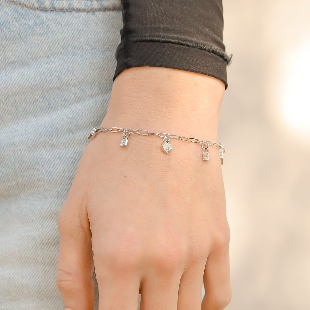 Heart Lock Charm Bracelet – Adjustable Gold Paperclip Chain Stainless Steel Jewelry
