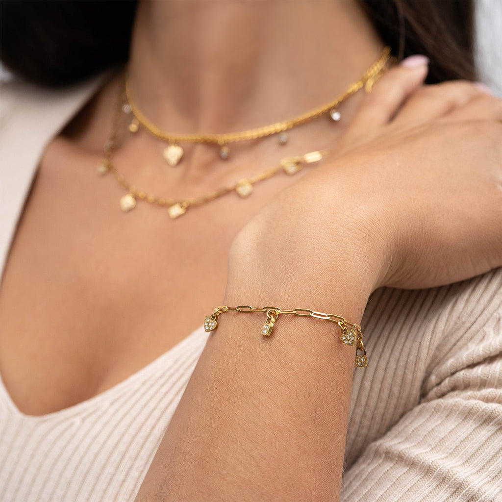 Heart Lock Charm Bracelet – Adjustable Gold Paperclip Chain Stainless Steel Jewelry