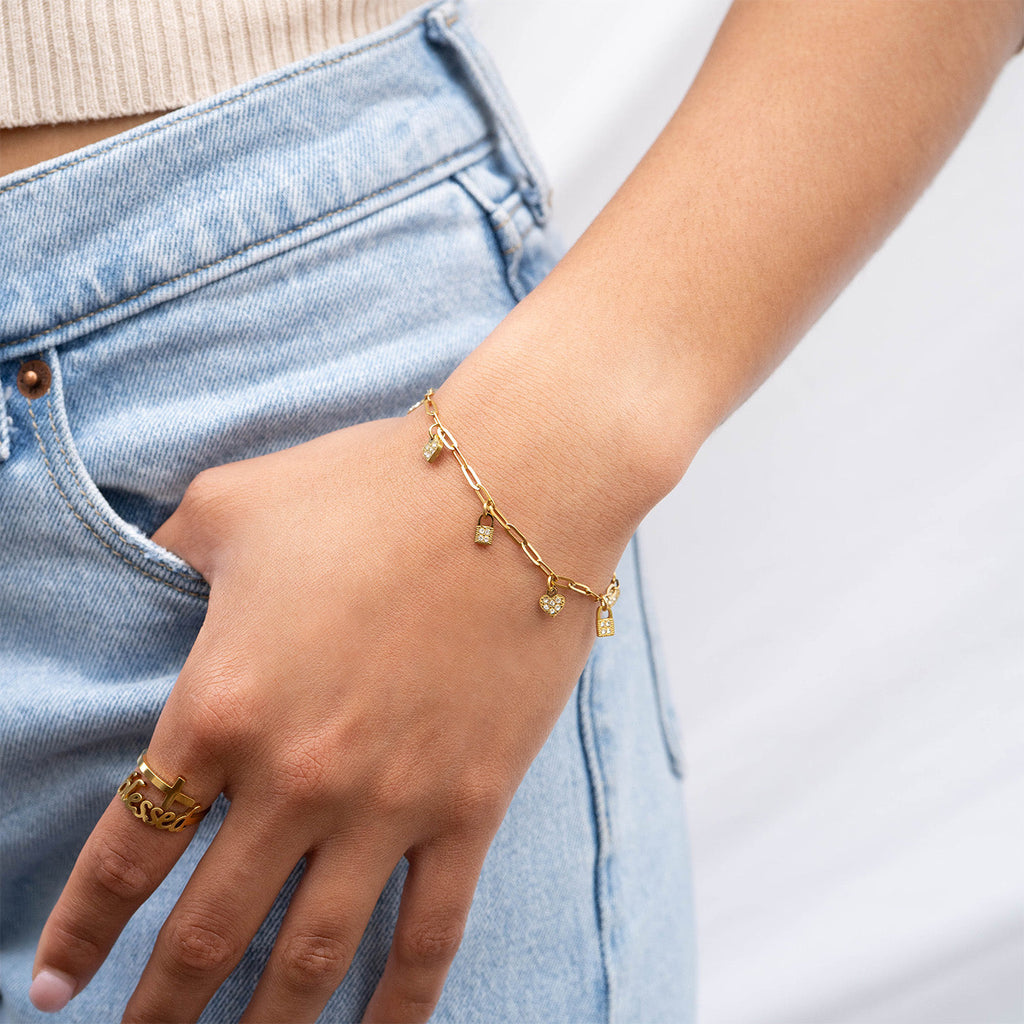 Heart Lock Charm Bracelet – Adjustable Gold Paperclip Chain Stainless Steel Jewelry