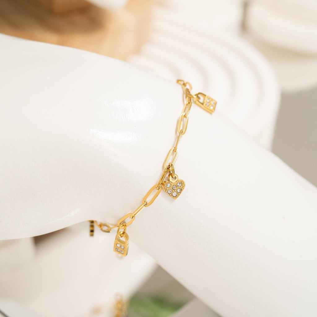 Heart Lock Charm Bracelet – Adjustable Gold Paperclip Chain Stainless Steel Jewelry