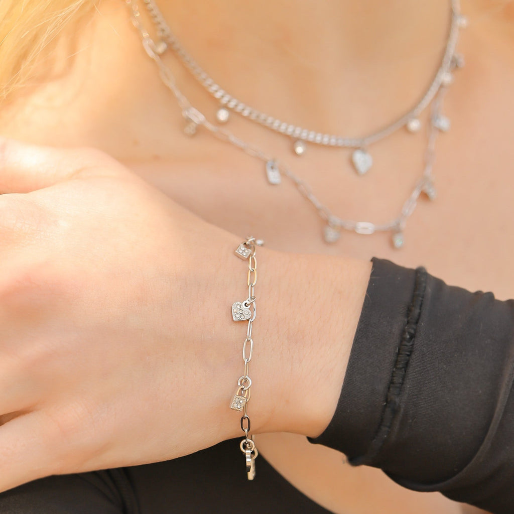 Heart Lock Charm Bracelet – Adjustable Gold Paperclip Chain Stainless Steel Jewelry