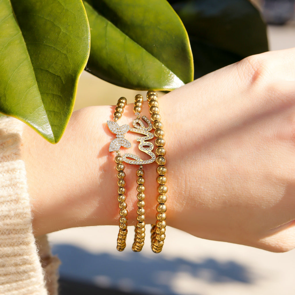 Gold Beaded Bracelet – 18K Gold Stretch Stainless Steel With Love Charm