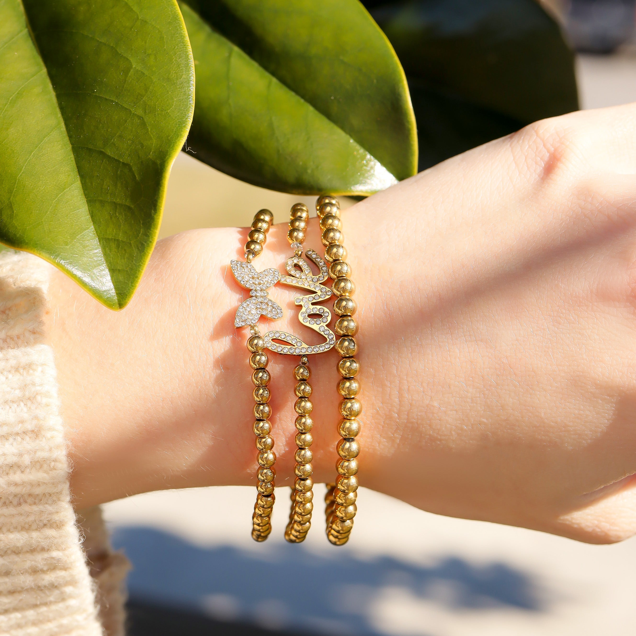 Gold Beaded Bracelet – 18K Gold Stretch Stainless Steel With Love Charm