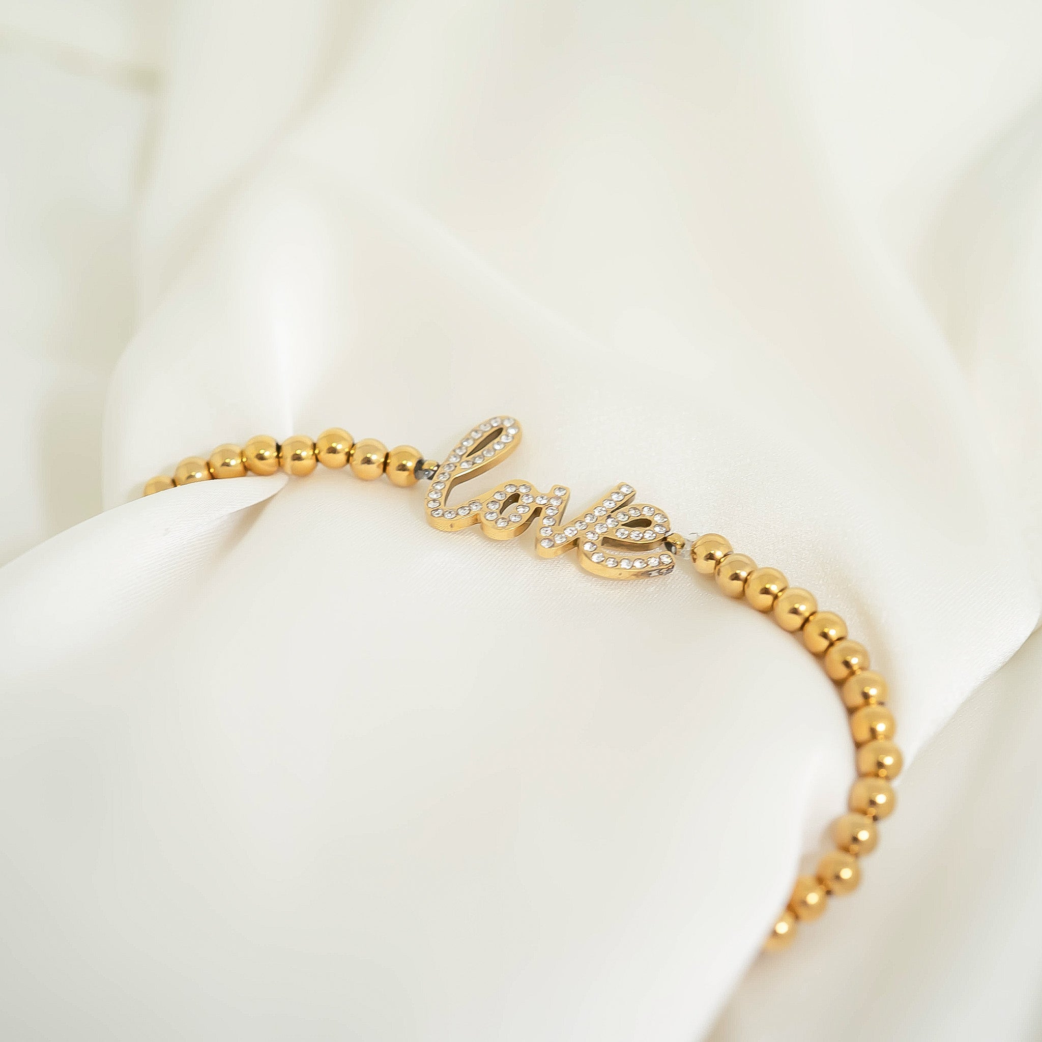 Gold Beaded Bracelet – 18K Gold Stretch Stainless Steel With Love Charm