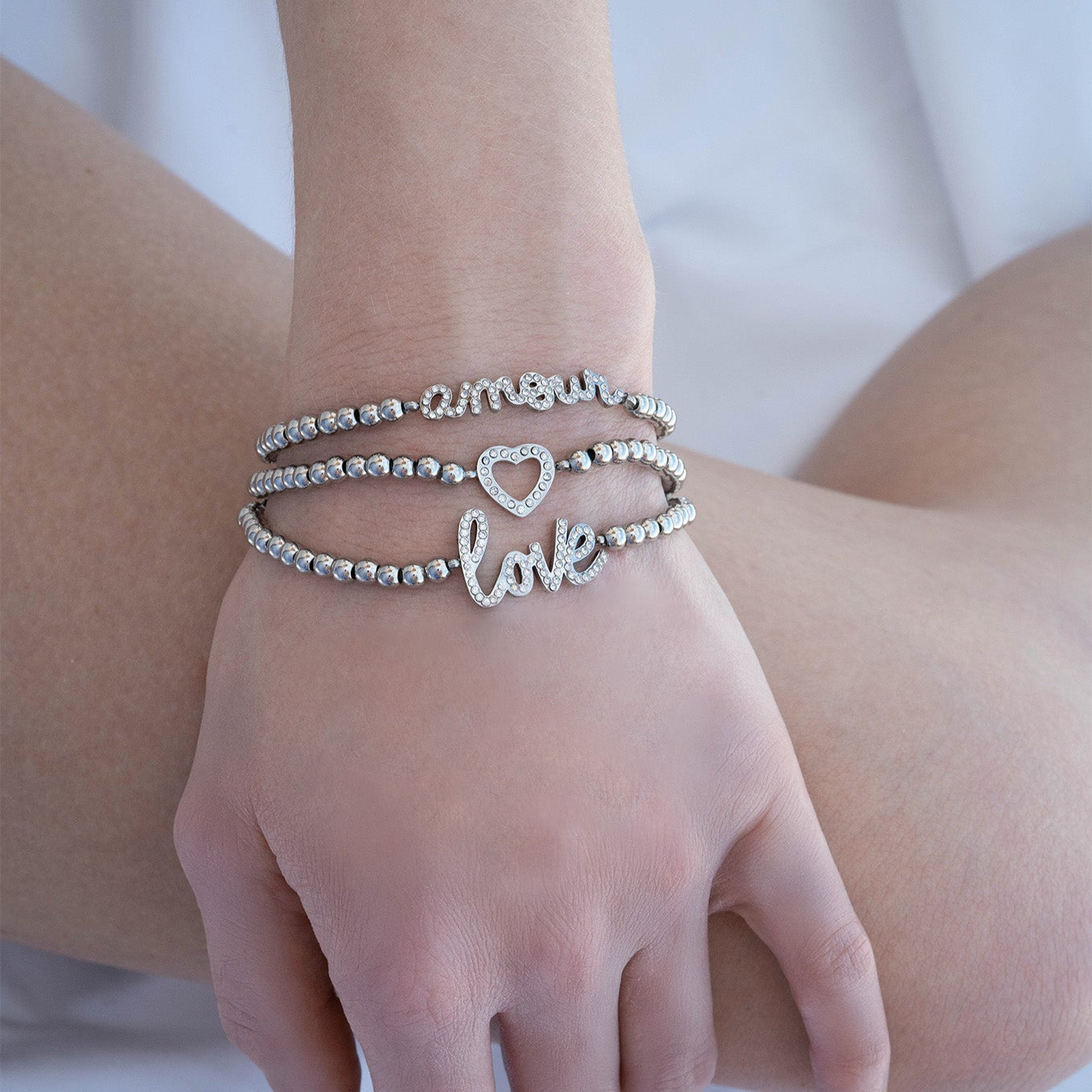 Gold Beaded Bracelet – 18K Gold Stretch Stainless Steel With Love Charm