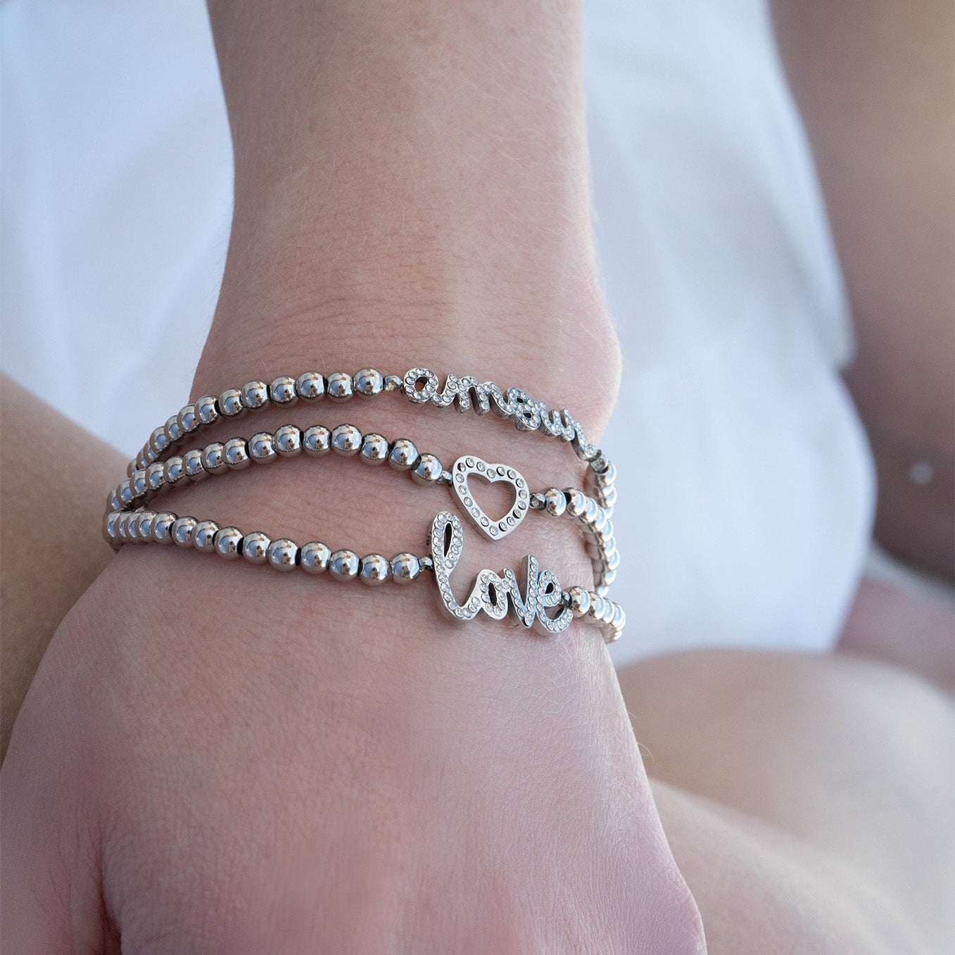 Gold Beaded Bracelet – Adjustable Stainless Steel Stretch Jewelry With Amour Charm