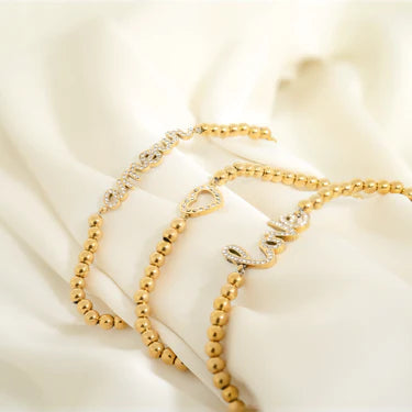 18K Gold PVD Stainless Steel Stone Love Metal Beaded Stretch Bracelet