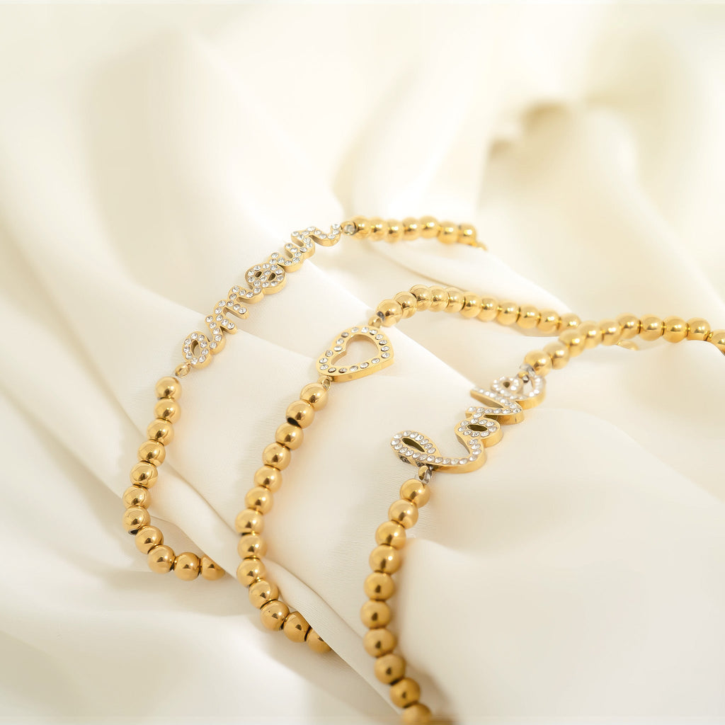 Gold Beaded Bracelet – Adjustable Stainless Steel Stretch Jewelry With Amour Charm
