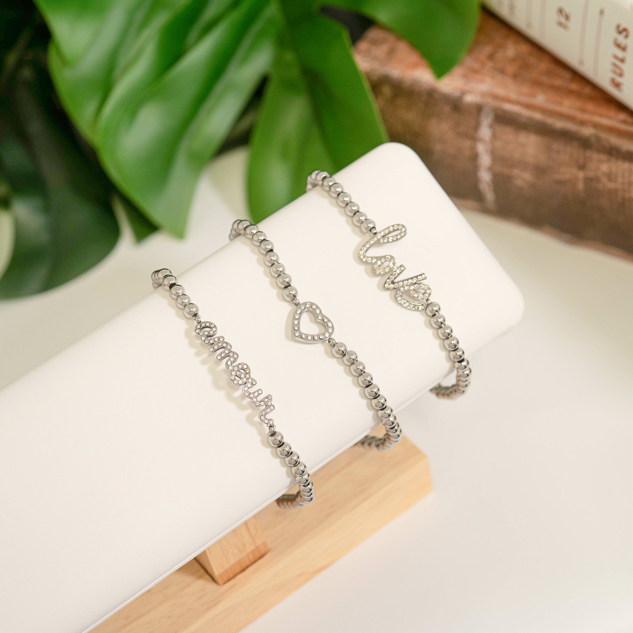 Gold Beaded Bracelet – 18K Gold Stretch Stainless Steel With Love Charm