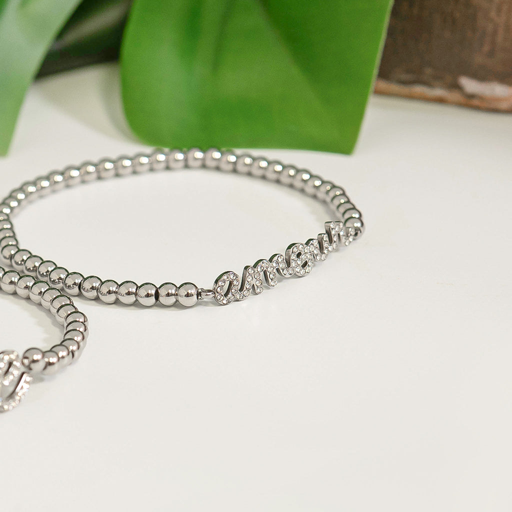 Gold Beaded Bracelet – Adjustable Stainless Steel Stretch Jewelry With Amour Charm