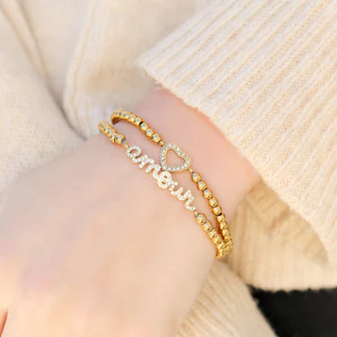 18K Gold PVD Stainless Steel Stone Heart Metal Beaded Stretch Bracelet