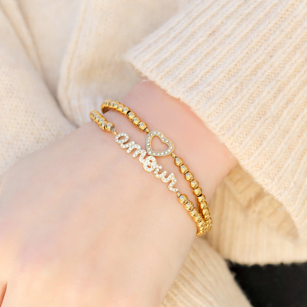Gold Beaded Bracelet – Adjustable Stainless Steel Stretch Jewelry With Amour Charm