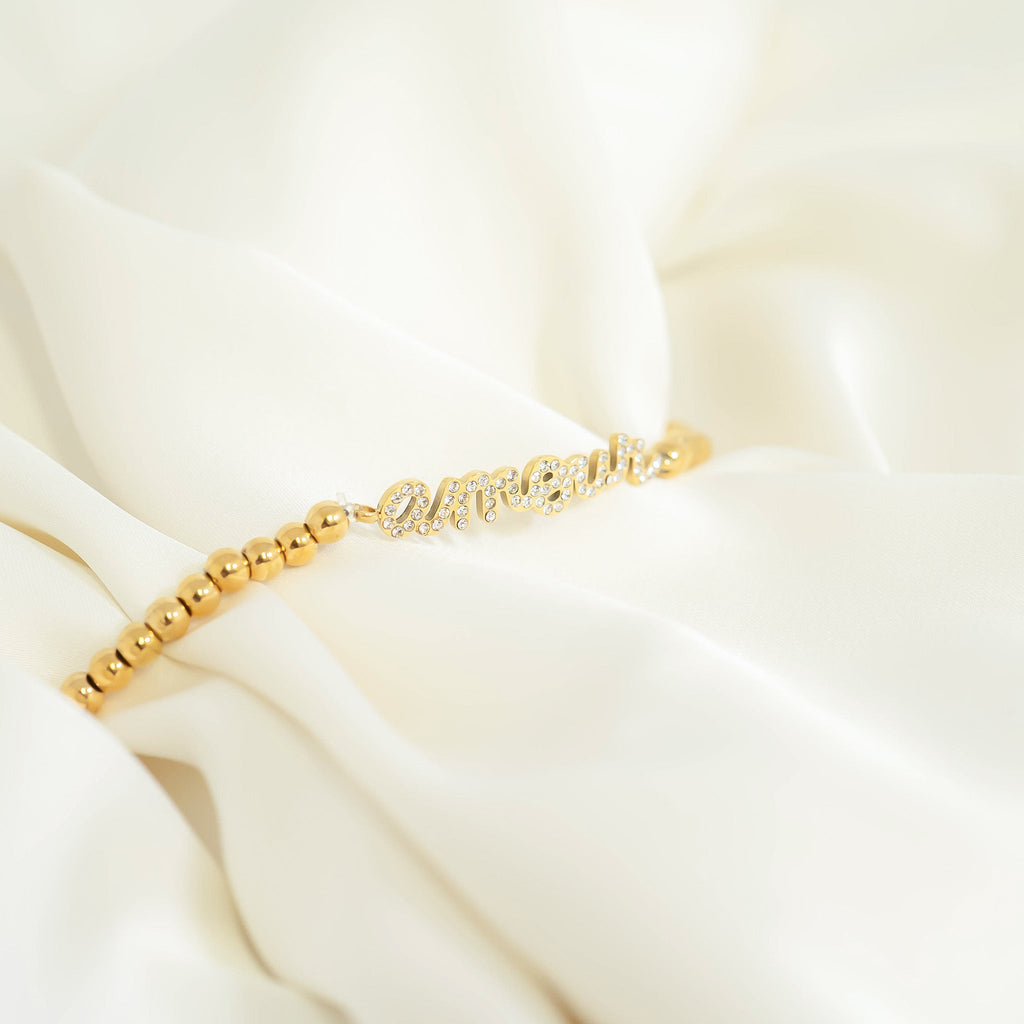 Gold Beaded Bracelet – Adjustable Stainless Steel Stretch Jewelry With Amour Charm