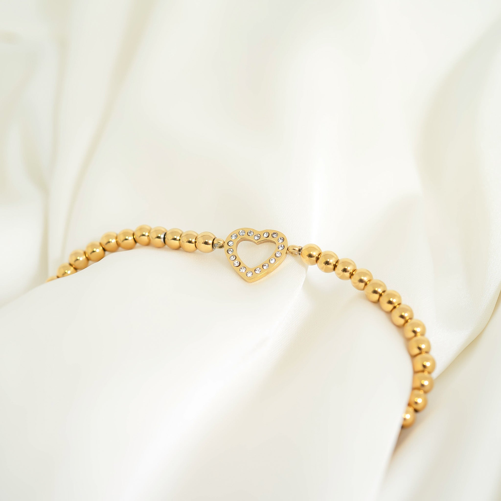 Gold Beaded Bracelet – 18K Gold PVD Stainless Steel Stretch With Heart Charm
