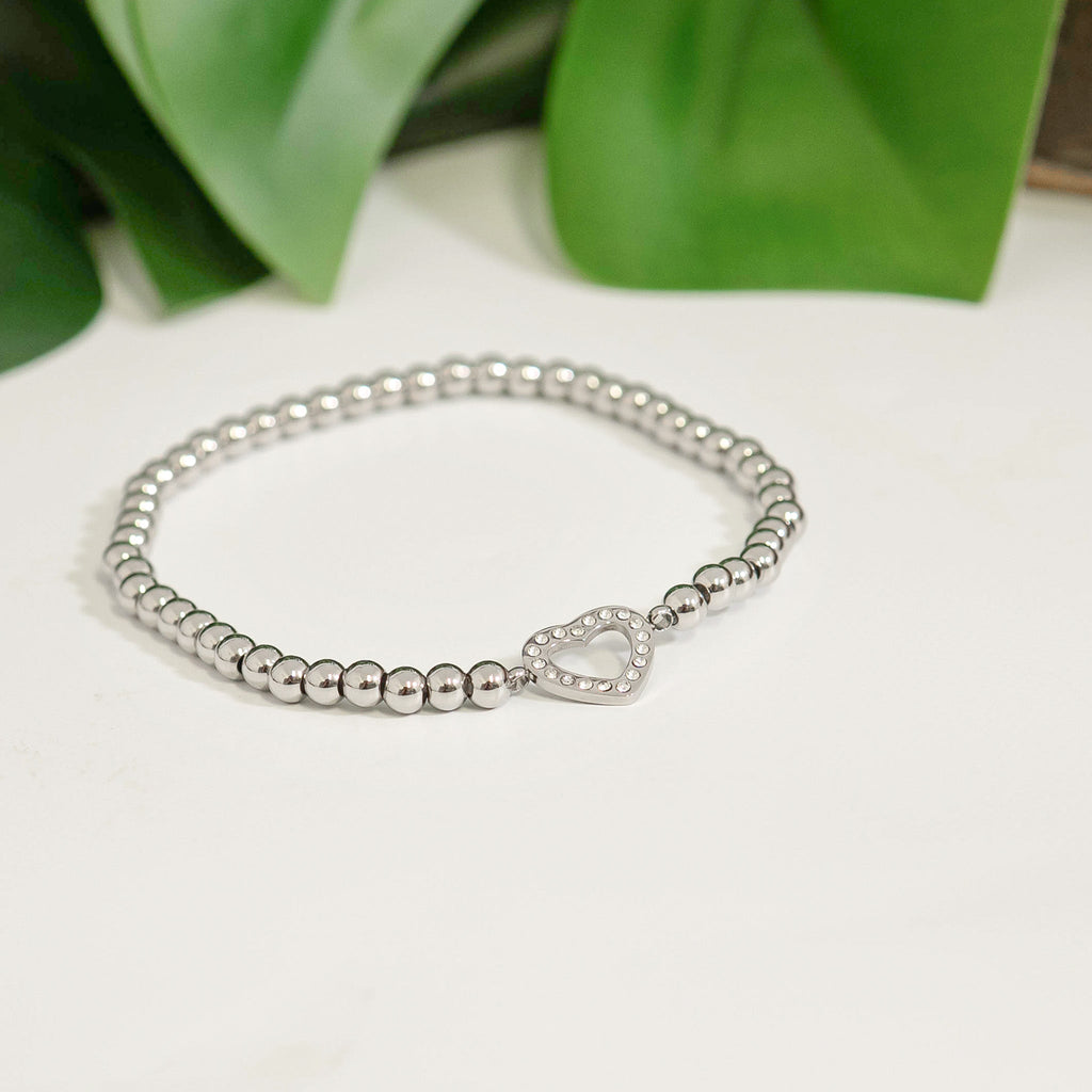 Gold Beaded Bracelet – 18K Gold PVD Stainless Steel Stretch With Heart Charm