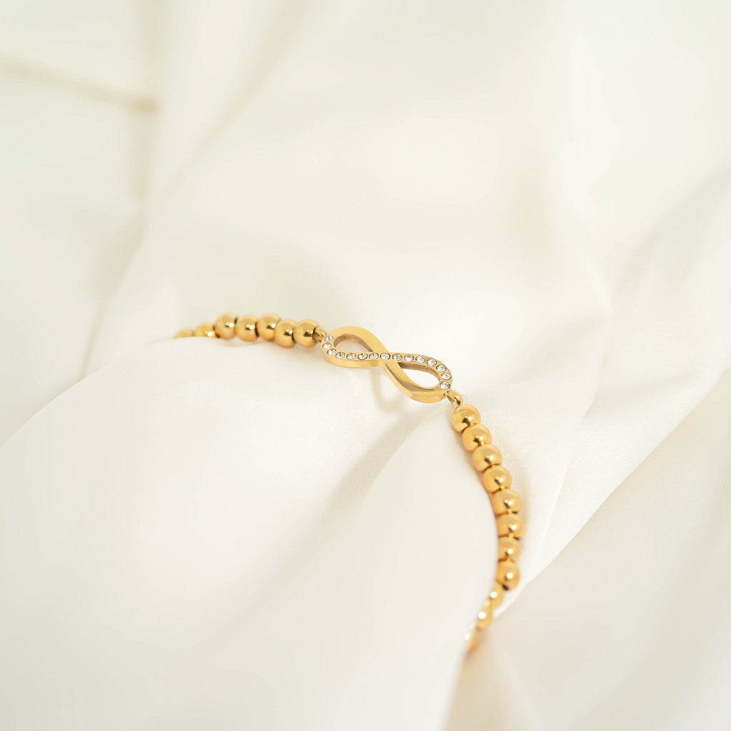 Gold Beaded Bracelet – Adjustable Stretch Stainless Steel Infinity Charm