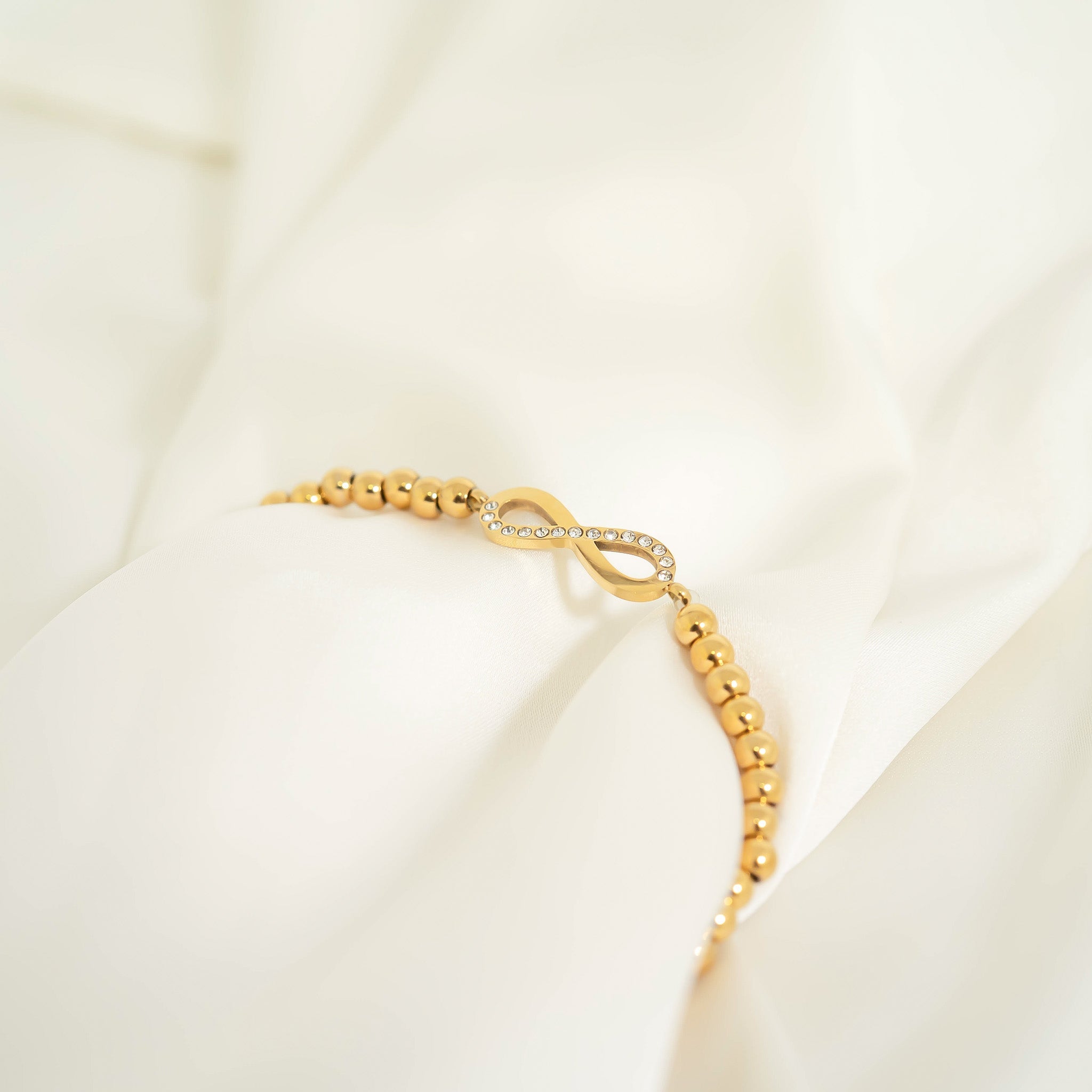 Gold Beaded Bracelet – Adjustable Stretch Stainless Steel Infinity Charm