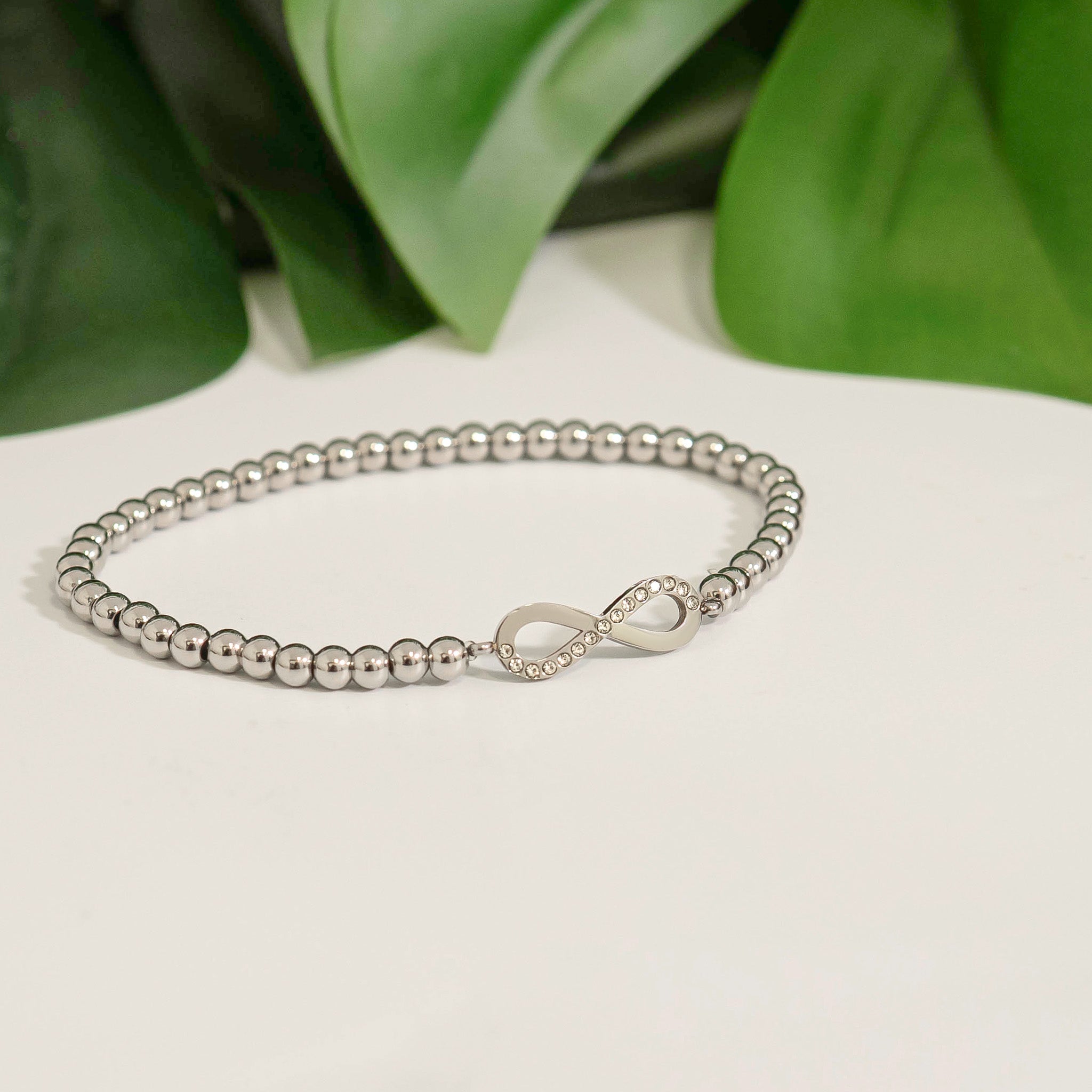 Gold Beaded Bracelet – Adjustable Stretch Stainless Steel Infinity Charm