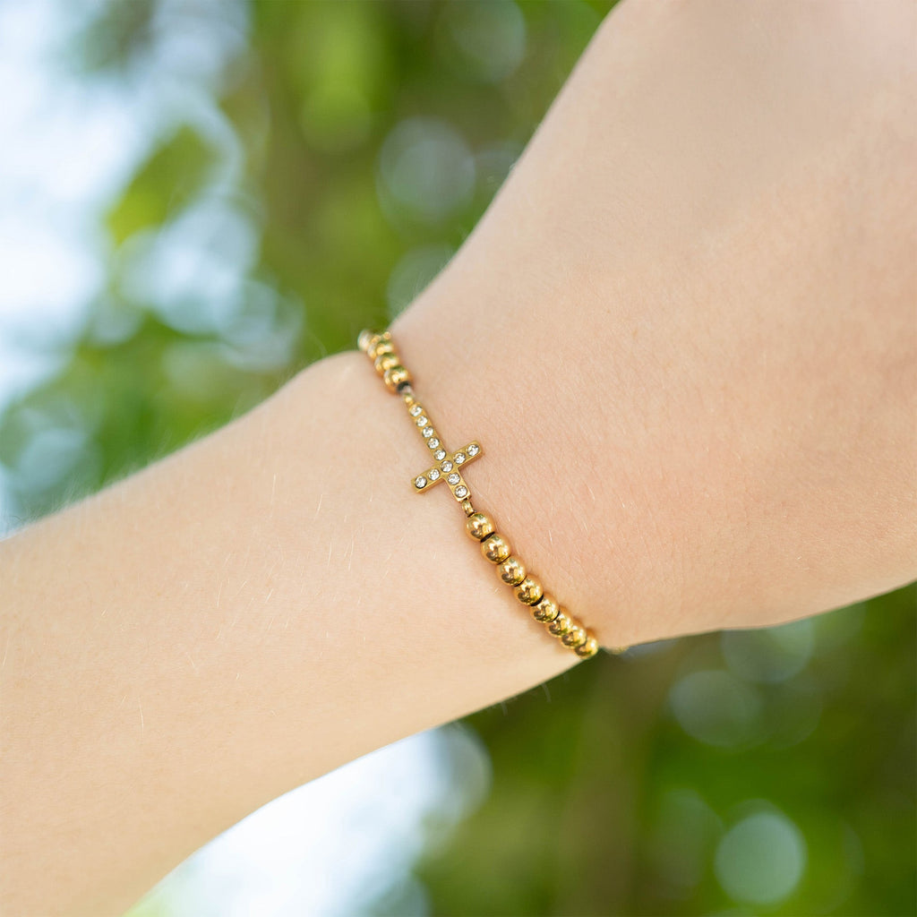 Gold Beaded Bracelet – Adjustable Stretch Band with Stone Cross Charm