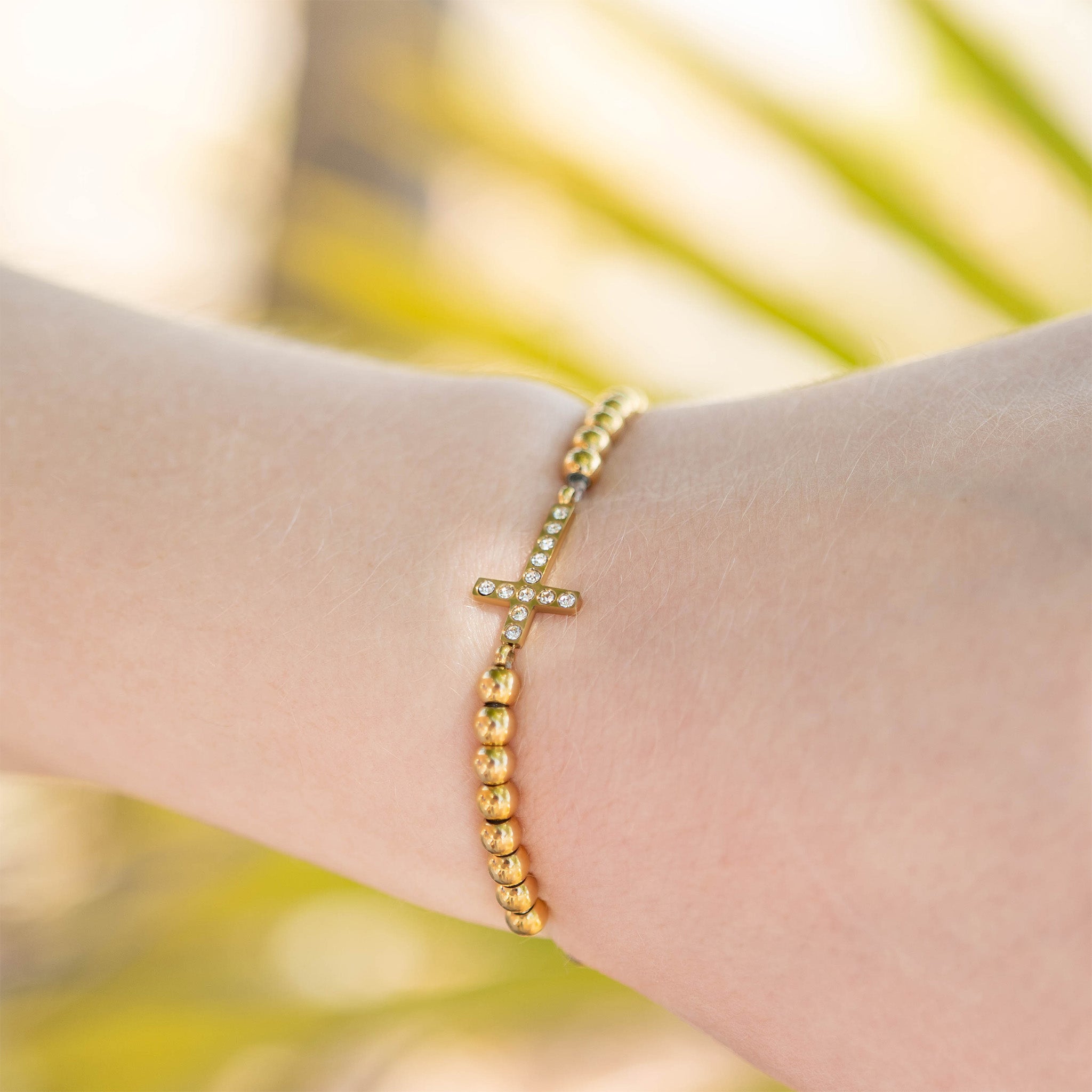 Gold Beaded Bracelet – Adjustable Stretch Band with Stone Cross Charm