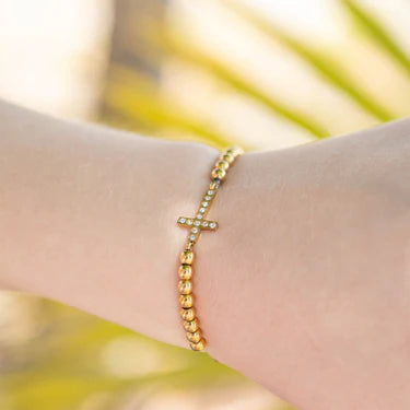 18K Gold PVD Stainless Steel Stone Cross Metal Beaded Stretch Bracelet