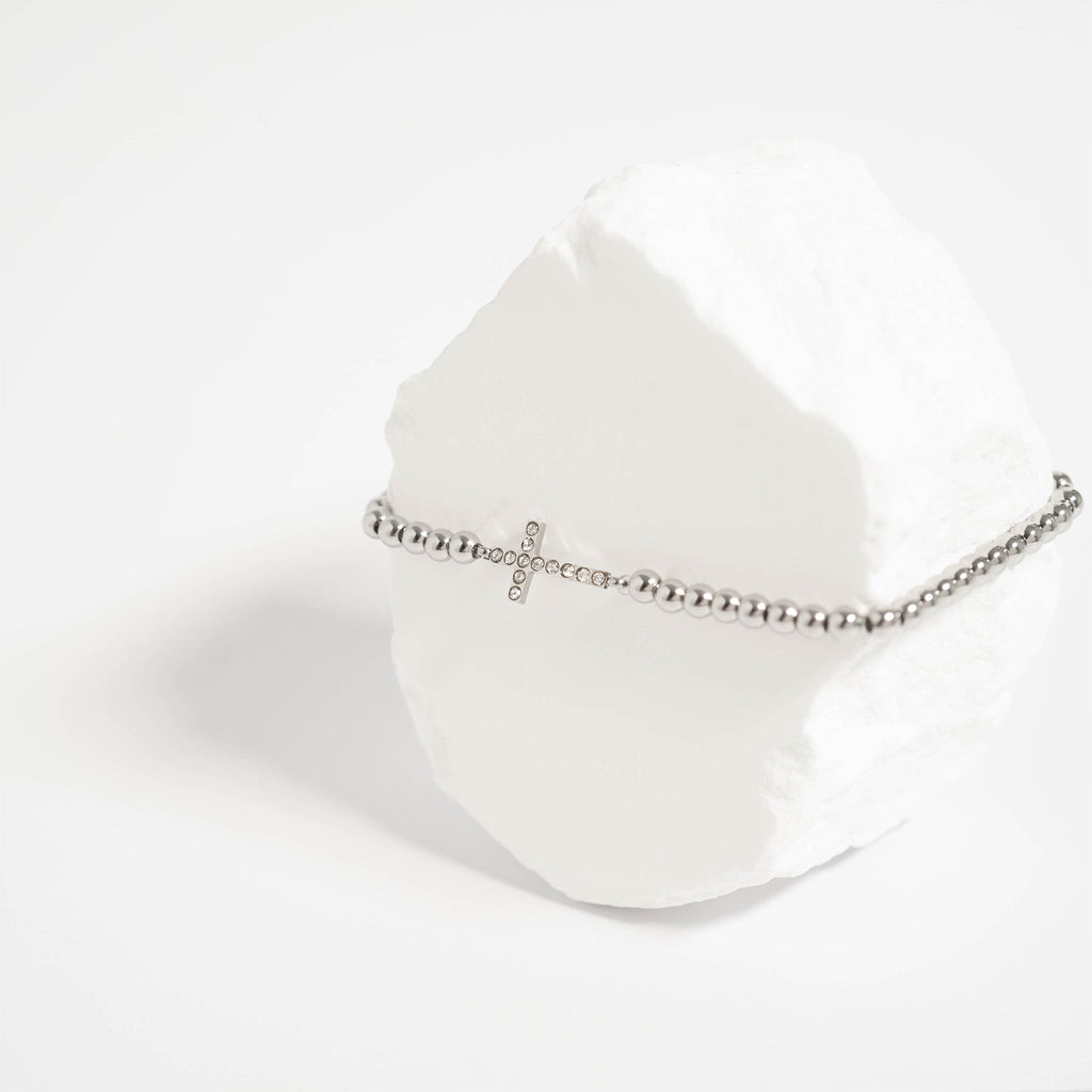 Gold Beaded Bracelet – Adjustable Stretch Band with Stone Cross Charm