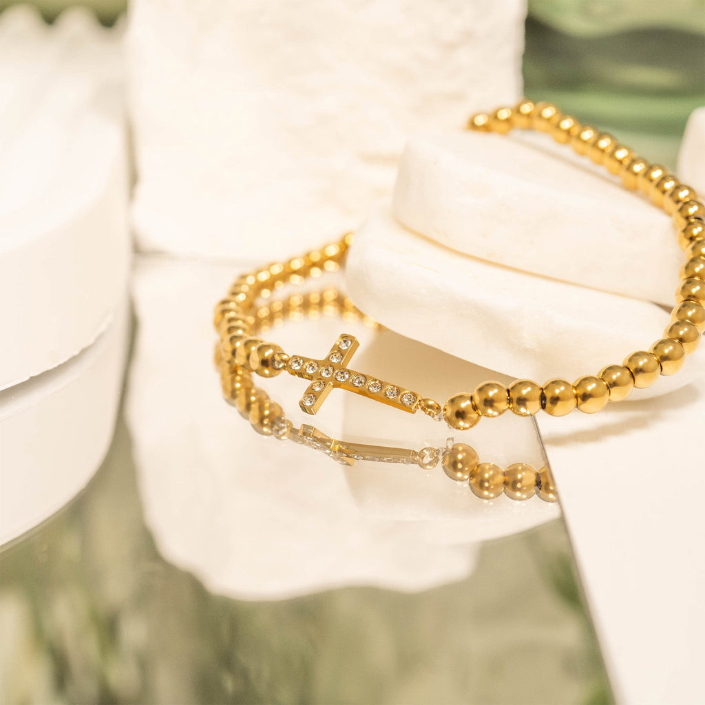 Gold Beaded Bracelet – Adjustable Stretch Band with Stone Cross Charm