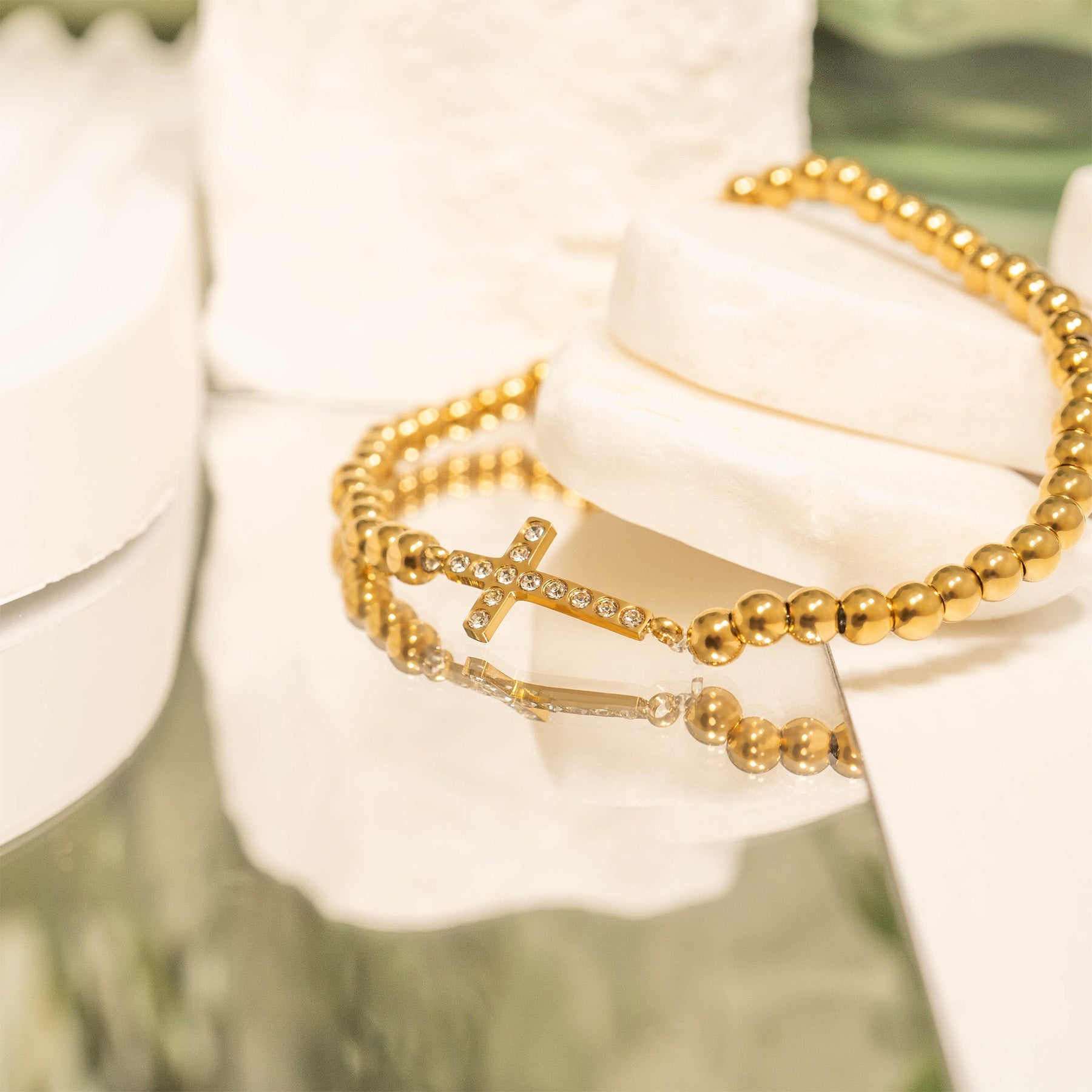 Gold Beaded Bracelet – Adjustable Stretch Band with Stone Cross Charm