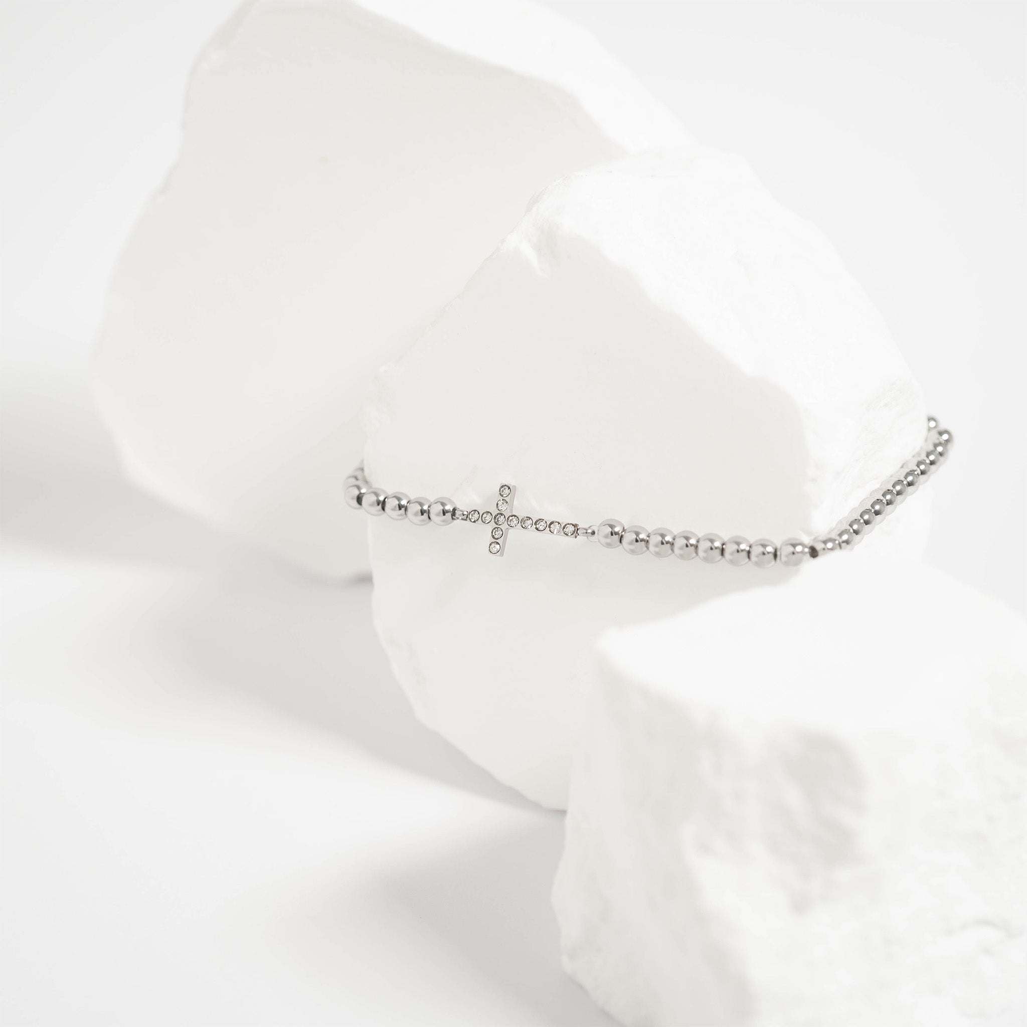 Gold Beaded Bracelet – Adjustable Stretch Band with Stone Cross Charm